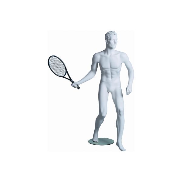 Sportfigur KEVIN, Tennis, skulpt. weiß, inkl. Glasbodenplatte mit Fuß- und Wadendorn, 101878