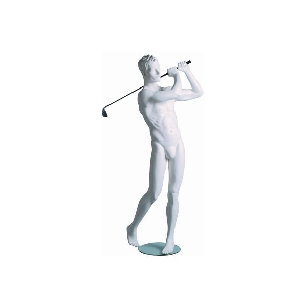Sportfigur KEVIN, Golf, skulpt. weiß, inkl. Glasbodenplatte mit Fuß- und Wadendorn, 101883