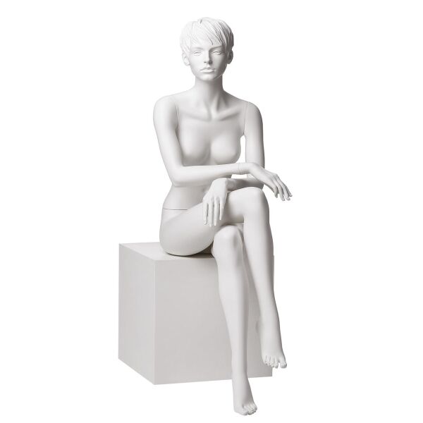 Rental mannequin ADRIANA 6 sitting female matt-white sculptured incl. base