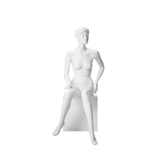 Schaufensterfigur IRENE 5 hautfarbig mit skulpturierten Haaren, sitzend
