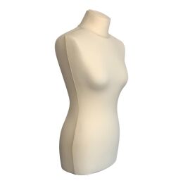 BASIC Schneiderpuppe Dame aus PU Schaum, XS (32/34)  mit Überzug creme-weiß und Holz-Dreibein Mahagonibraun