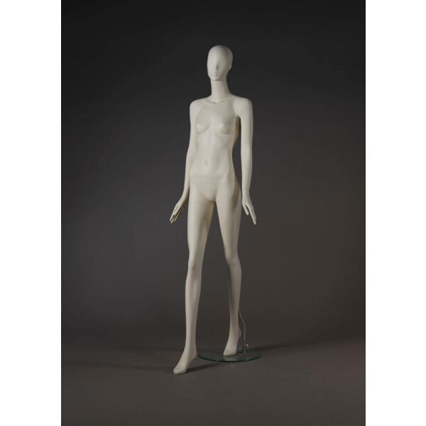 Weibliche elfenbeinweiße Schaufensterfigur MILOS 8 semiabstrakt inkl. runder Glasbodenplatte mit Fuß- und Wadendorn